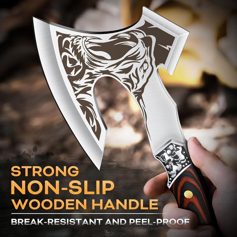 Tivoli Camping Axe, Tiger - Patterned Survival Hatchet with Nylon Sheath, High Carbon Steel Blade Compact Outdoor Bushcraft Axe with Ergonomic Wood Grip, Camping Gear for Hiking, Chopping, Hunting - Image 4